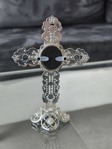 Metal Cross Holy Land Virgin mary Decoration Jeweled Accents pearls Desktop Gift silver Religion Home Blessed