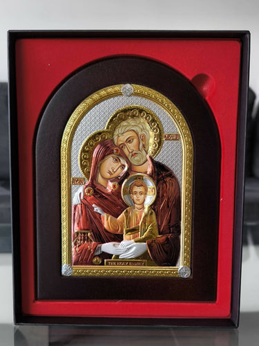 Copy of Icon The Holy Family Gold 8.26 x 5.90 inch Silver 950 Nikolaos Silver Jerusalem Colored Handicraft Christian Byzantine art hanging \ standing