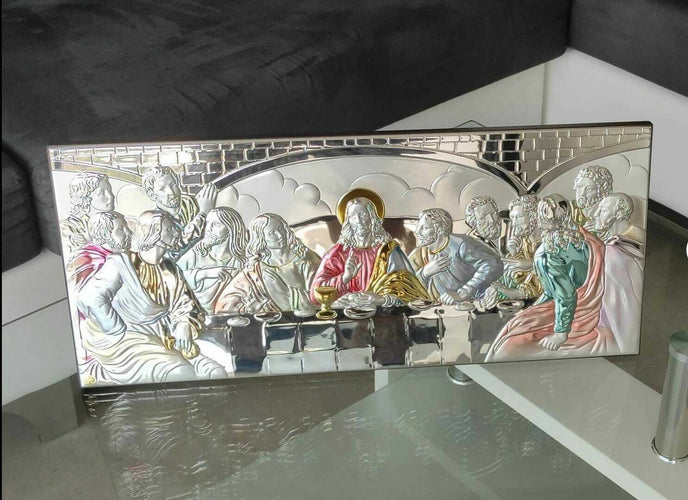 The Last Supper 23.6'' Silver 950 Holy Icon Colored Handicraft Christian Gold and Silver with Box Made by Nicolaos