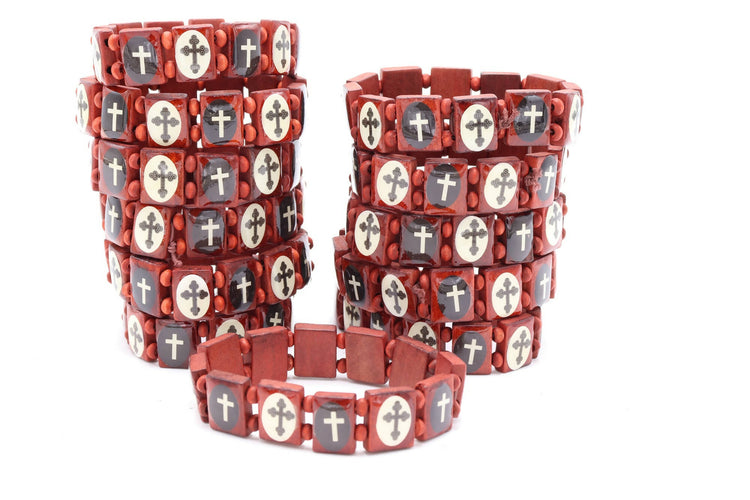 12 PCS Wood RED Bracelet Crosses Bead Stretch Jesus Holy Land Jerusalem