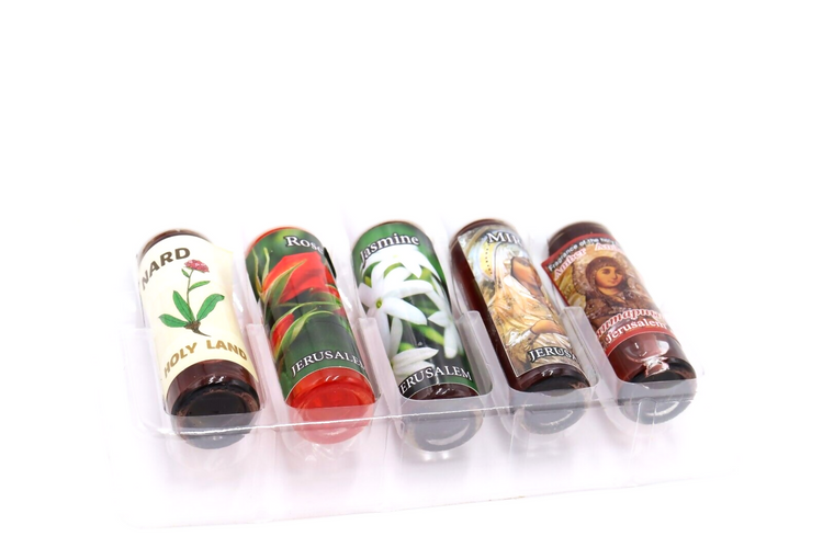 Anointing oil set 5 pcs Nard Rose Myrrh Box Gift Jasmin Amber souvenir holy land