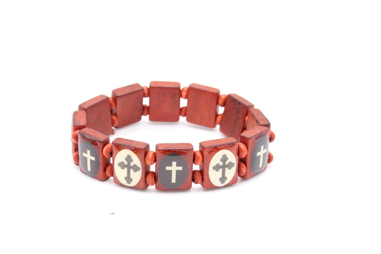 4 PCS Wood RED Bracelet Crosses Bead Stretch Holy Land Jerusalem