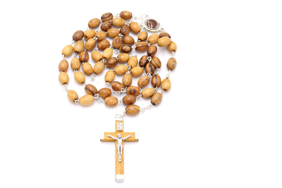 Handmade Olive Wood Rosary Necklace with Jerusalem Soil