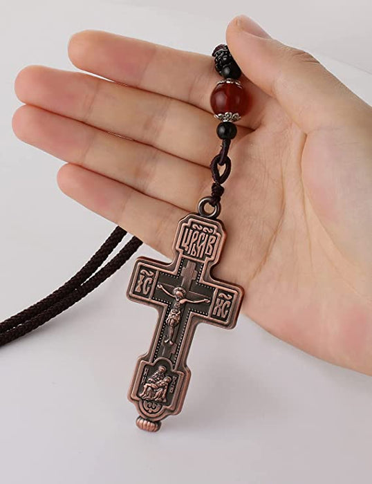 Orthodox Cross & Necklace - 27 Inch Braided Rope Chain (4 Colors)