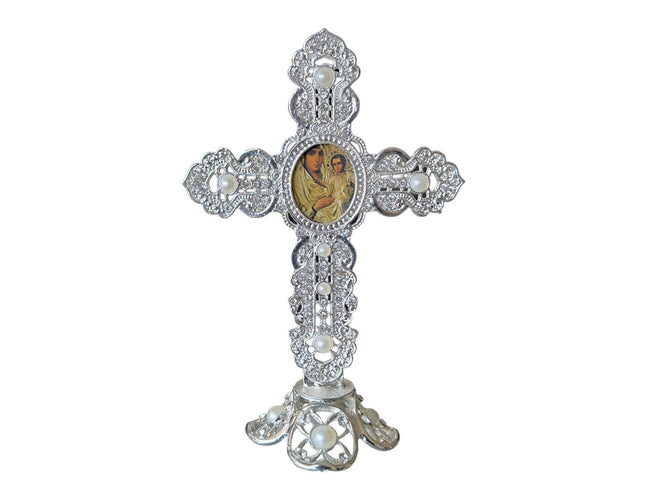 Metal Cross Holy Land Virgin mary Decoration Jeweled Accents pearls Desktop Gift silver Religion Home Blessed