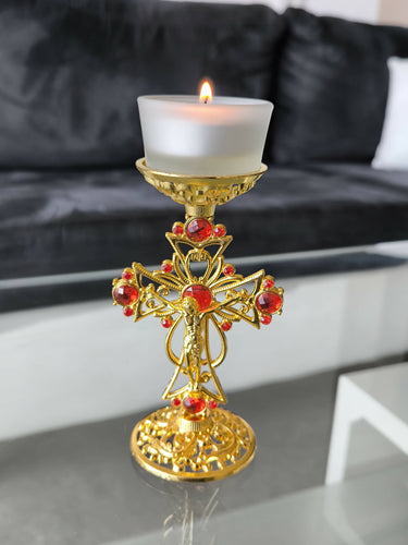 Candleholder Holy Land Metal Gold Cross Decoration Jeweled Accent Gift Crucifix Religion Home Blessed