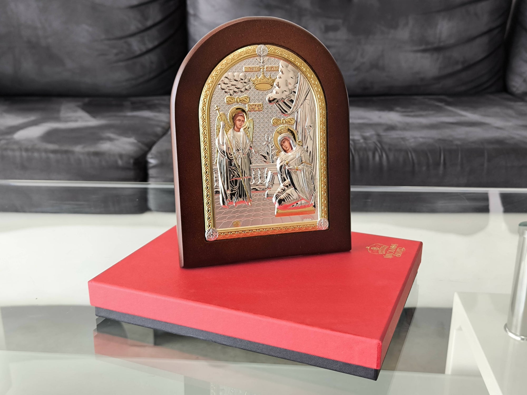 Icon Annunciation Mary Virgin 3.74 x 2.95 inch Gold Silver 950 Nikolao ...