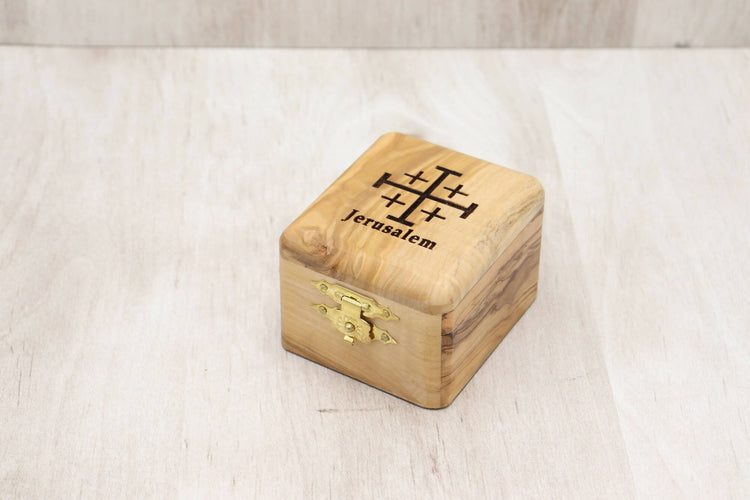 Olive Wood Box With Rosary Jerusalem Hand Carved Holy Land Christian Keepsake