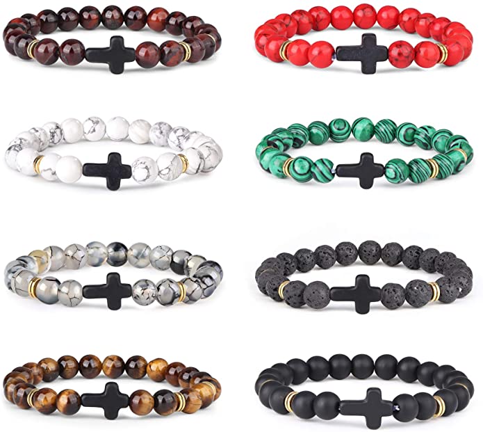 Pack of 8 - Cross Bracelet Natural Stone Stretch Elastic Set