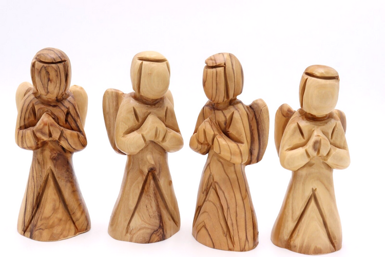 4 Pcs Angel Hand Carved Olive Wood statue Holy Land Jerusalem figure pray X4