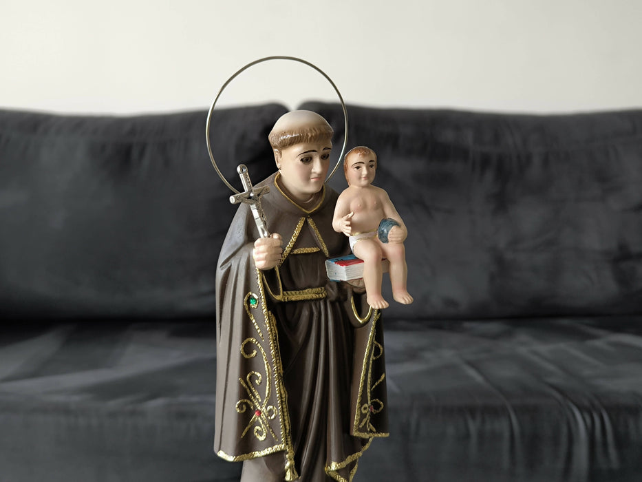 Saint Anthony 10.62" Religious Statue with crystal eyes Figurine Made in Fatima Portugal hand decorated Statuary