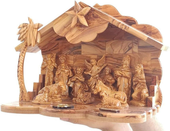 Nativity Musical Christmas 13 inch cave Jesus Birth Olive Wood Bethlehem Carved