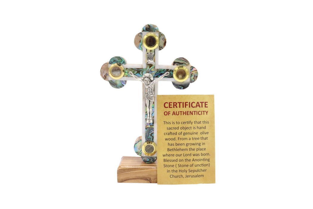 Cross Mother Of Pearl With Certificate Standing Olive Wood Hand Made from Jerusalem Holy Land
