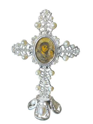 Holy Land Metal Cross Decoration Jeweled Accents Pearls Mary Icon Gift silver Religion Home Blessed