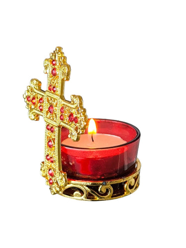 Holy Land Candleholder Metal Gold Cross Decoration Jeweled Accent Gift Crucifix Religion Home Blessed