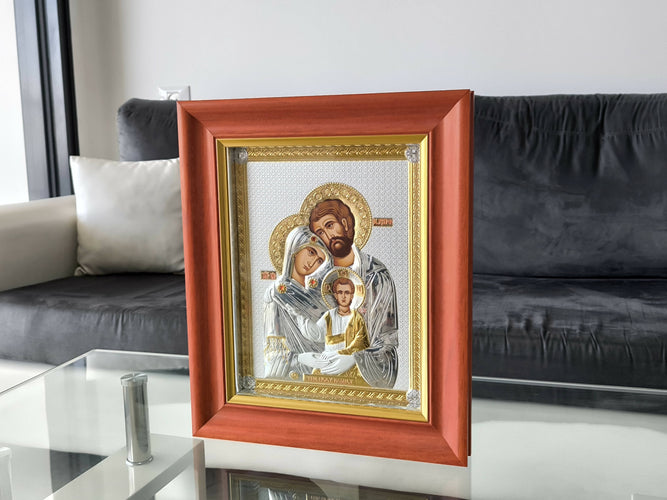 Icon Holy Family Gold Silver 950 Holy 16.14" Handicraft Wood Christian Hanging wall Christianity religion Hand Made