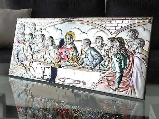 The Last Supper 19.68 inch Colored Silver 950 Holy Icon Handicraft Christian Gold and Colored with Box Made by Nicolaos