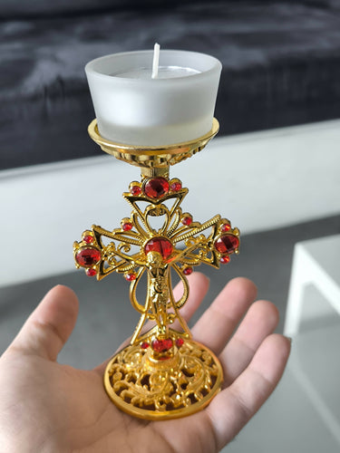 Candleholder Holy Land Metal Gold Cross Decoration Jeweled Accent Gift Crucifix Religion Home Blessed