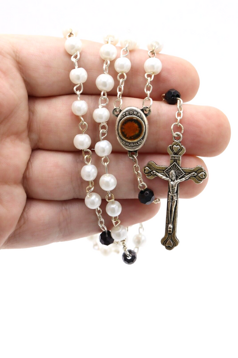 Rosary White Black Beads Jerusalem Hand Made Box Gift Christianity Prayer