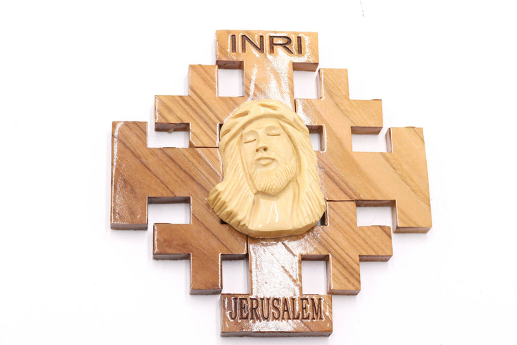 Cross JESUS FACE Carved Olive Wood Jerusalem Wall Holy Land five-fold Cross