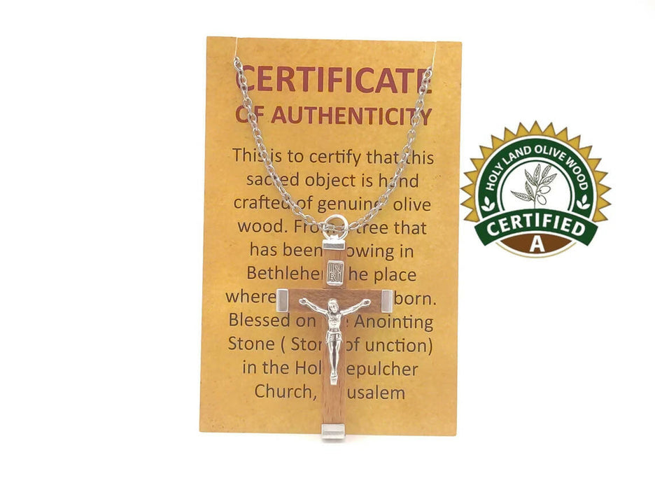 Necklace Crucifix Cross Pendant Stainless Steel Chain Jesus Christ Silver Unisex New Jewelry Olive Wood Holy Land Jerusalem Blessed