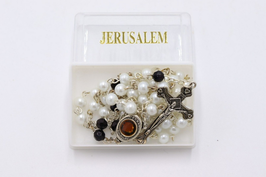 Rosary White Black Beads Jerusalem Hand Made Box Gift Christianity Prayer