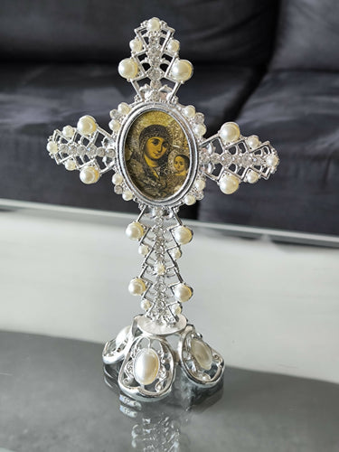 Holy Land Metal Cross Decoration Jeweled Accents Pearls Mary Icon Gift silver Religion Home Blessed