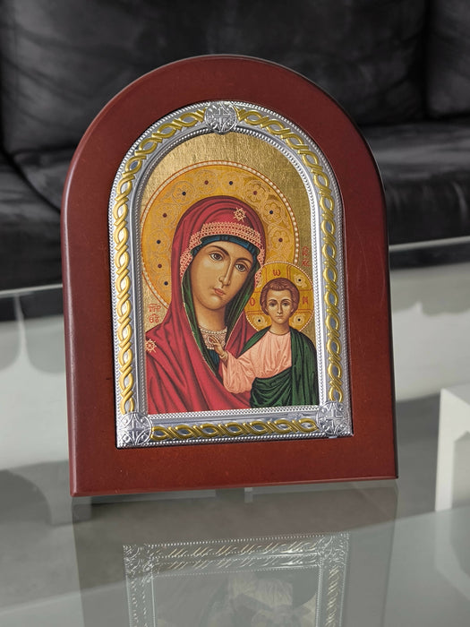Icon Mary Of Kazan Our Lady Virgin Nikolaos Silver 950 CERTIFICATED Christian Hand Made plaque Hanging \Standing Orthodox religious in box