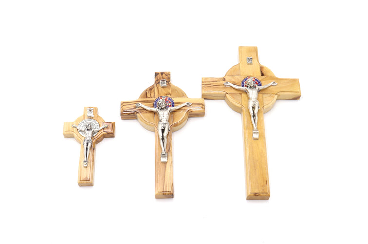 3 PC Set 4" -6.5" - 8" Saint St Benedict Cross Olive Wood Hanging Holy Land