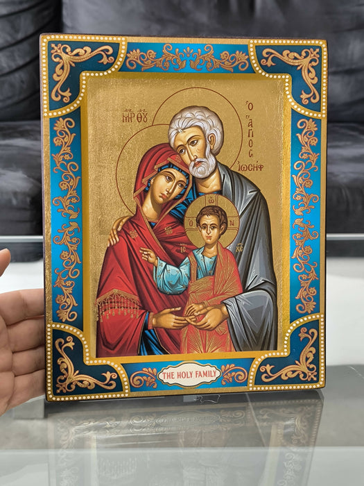 The Holy Family Icon Gold leaf Wood Hand 5.31 x 4.13 inch Made Religion Jerusalem Byzantine art Holy Land hanging \ standing Certificate