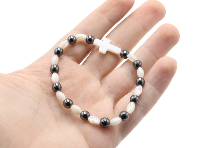 Bracelet Black Hematite white Mother of Pearl Unisex Religious Holy Land Jerusalem Gift