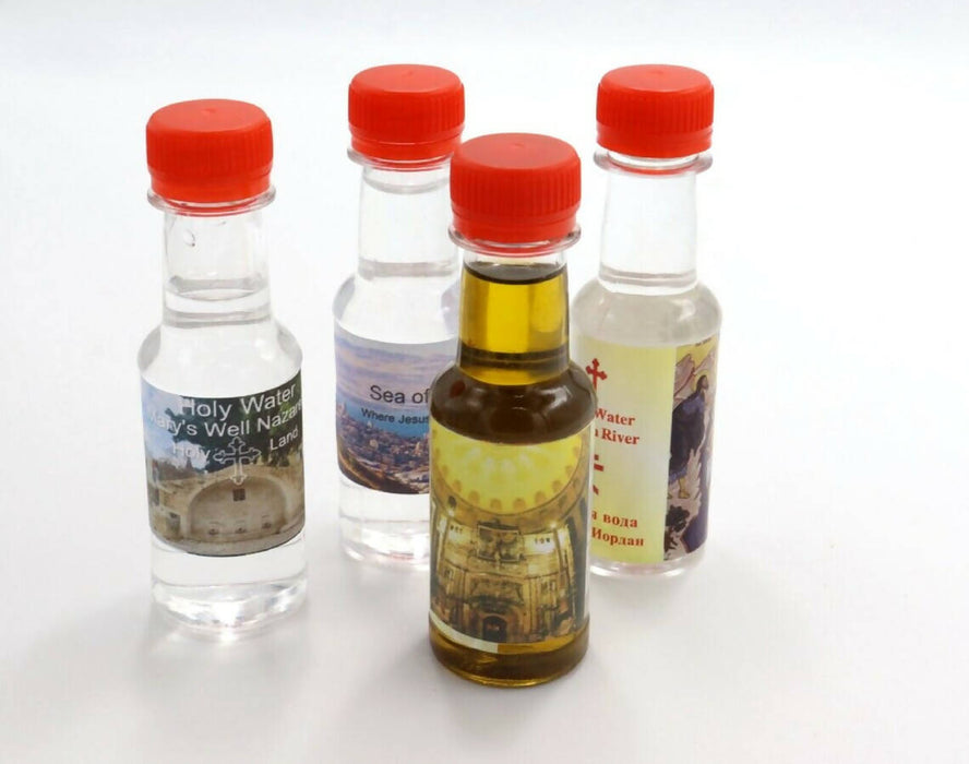 4 pc Set Bottle Holy Land Nazareth Water -Sea of Galilee Water -Jordan River Water - Holy Oil