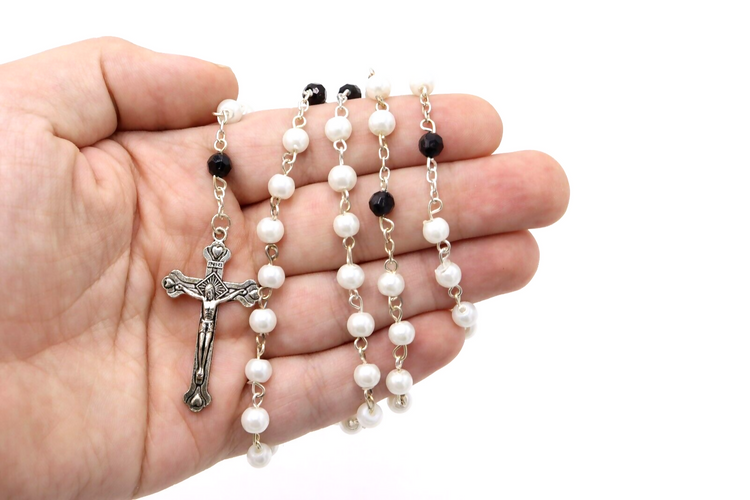 Rosary White Black Beads Jerusalem Hand Made Box Gift Christianity Prayer