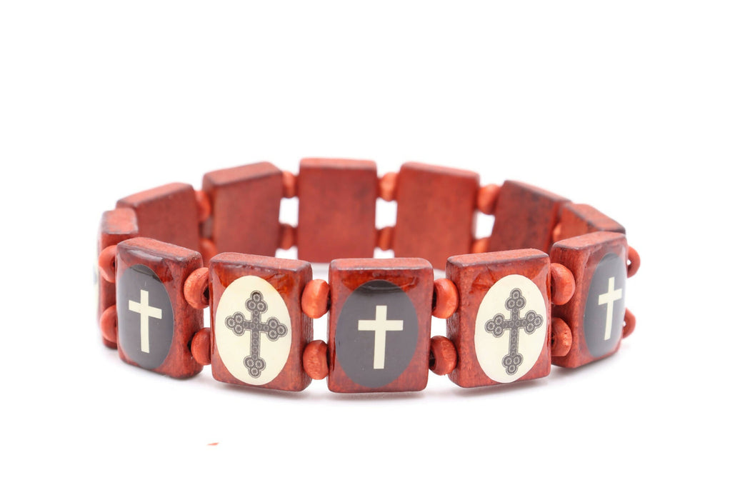 4 PCS Wood RED Bracelet Crosses Bead Stretch Holy Land Jerusalem