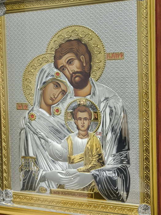 Icon Holy Family Gold Silver 950 Holy 16.14" Handicraft Wood Christian Hanging wall Christianity religion Hand Made