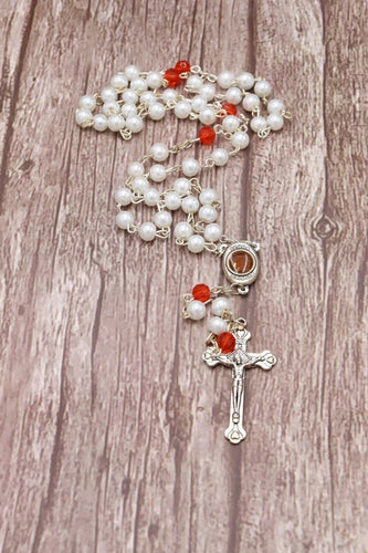 Rosary White red Beads Jerusalem Hand Made Box Gift Christianity Prayer