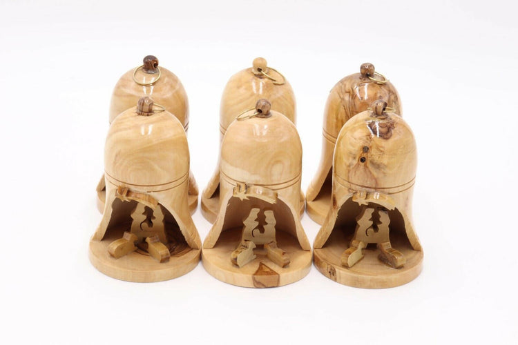 6Pcs Christmas Bell Ornaments Tree Nativity Big Olive Wood Hand Made Holy Land Bethlehem Decoration x6 Bell