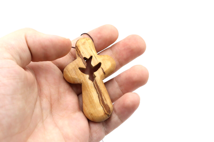 3 pc Holy Spirit Hand Cross Necklace Olive Wood Jerusalem Holy Land Souvenir Pendant