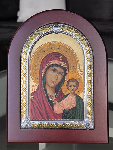 Icon Mary Of Kazan Our Lady Virgin Nikolaos Silver 950 CERTIFICATED Christian Hand Made plaque Hanging \Standing Orthodox religious in box