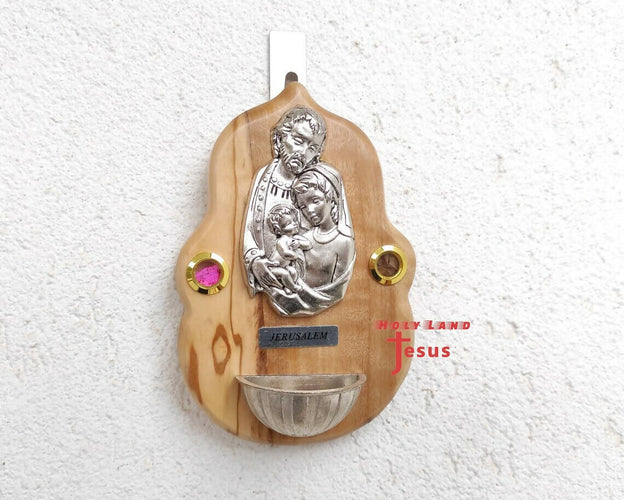 Holy Water Font Bless Home Hand Made Olive Wood Mary Jesus Jerusalem Holy Land