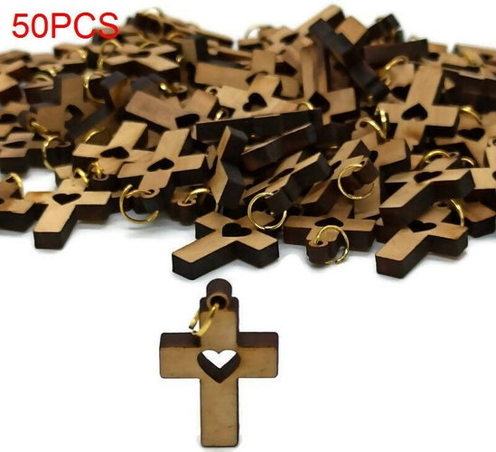 50 pcs Olive Wood Crosses love Pendant Necklace Holy Land Bethlehem Rosary Hand Made