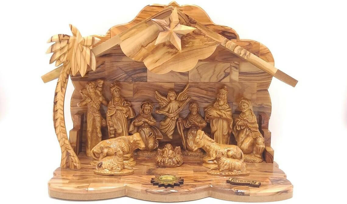 Nativity Musical Christmas 13 inch cave Jesus Birth Olive Wood Bethlehem Carved