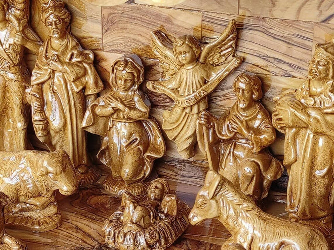 Nativity Musical Christmas 13 inch cave Jesus Birth Olive Wood Bethlehem Carved