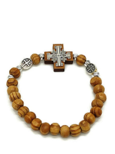 2 PCS Olive Wood Bracelet Icon Jerusalem Cross Sliver Elastic Hand Made Holy land Gift