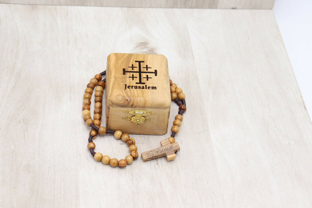 Olive Wood Box With Rosary Jerusalem Hand Carved Holy Land Christian Keepsake