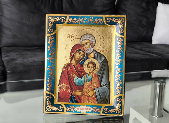 Copy of The Holy Family Icon Gold leaf Wood 11.61 x 9.25 inch Hand Made Religion Jerusalem Byzantine art Holy Land hanging \ standing Certificate