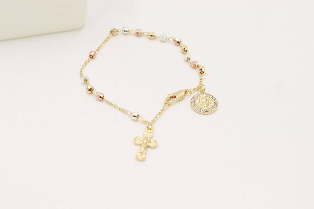 Tri Color Gold plated Stainless steel 2Pcs Set Rosary Necklace Bracelet Holy Land
