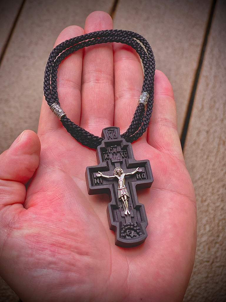 Hand-Carved Ebony Orthodox Cross - 925 Sterling Silver Crucifix