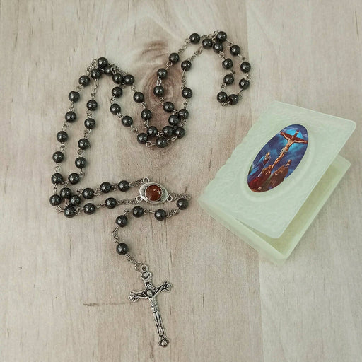 Black Hematite Necklace Beads Catholic Cross