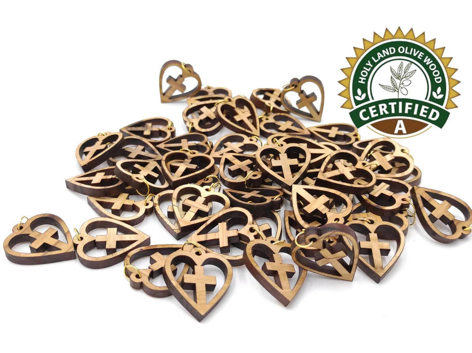 Lot 50 Cross Heart Pendant Jerusalem Cross Olive Wood Pendant Wooden Charms Religious Jewelry Rosary Making